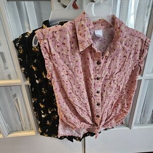Lot of 2 Floral Button-Up Blouses - Pink and Black